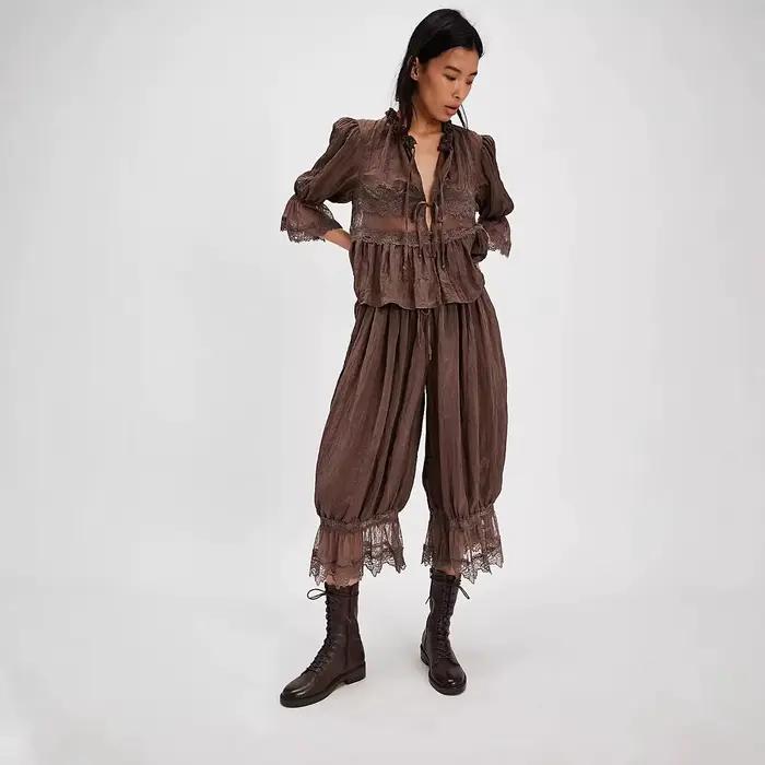 Pantalon Bloomers pour Femme Y2K avec Dentelle, Pantalon Vintage à Volants Mignon, Pantalon Long Coupe Citrouille, Bas de Pyjama Capri, Tenue Décontractée Streetwear