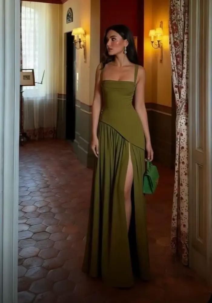 Robe longue élégante à corset et rubans pour femme, style nuisette fendue, pour soirée, demoiselle d'honneur, invitée de mariage, cocktail, vert olive, noir