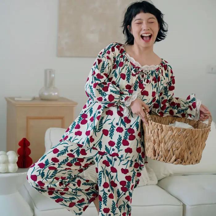 Pyjama en dentelle de qualité supérieure pour femmes, ensemble de vêtements de détente à manches longues pour le printemps et l'automne, été