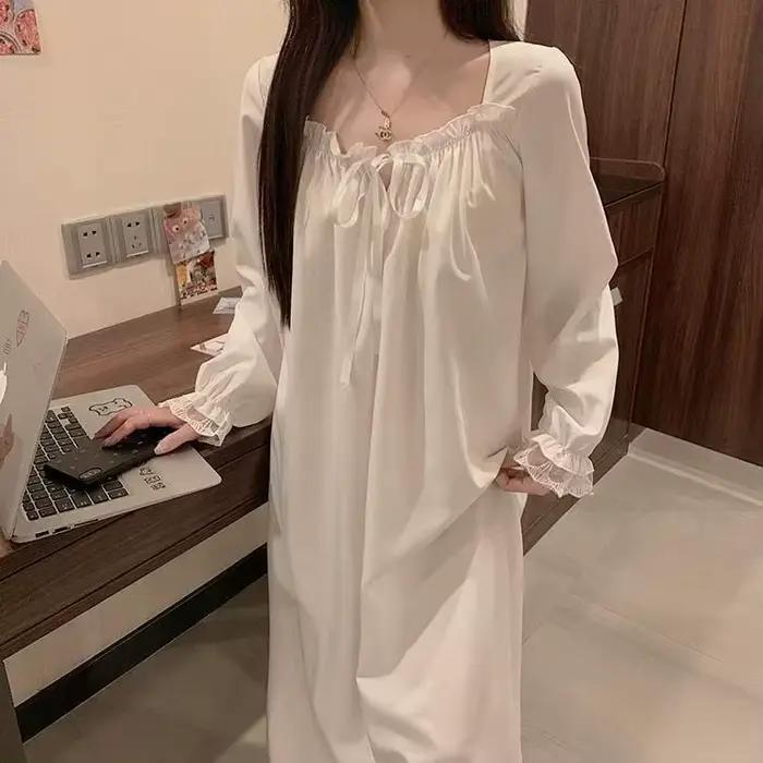 Chemises de nuit décontractées pour femmes, nouvelle robe de nuit à manches longues, grande taille, chemises de nuit blanches amples, pyjama pour femmes