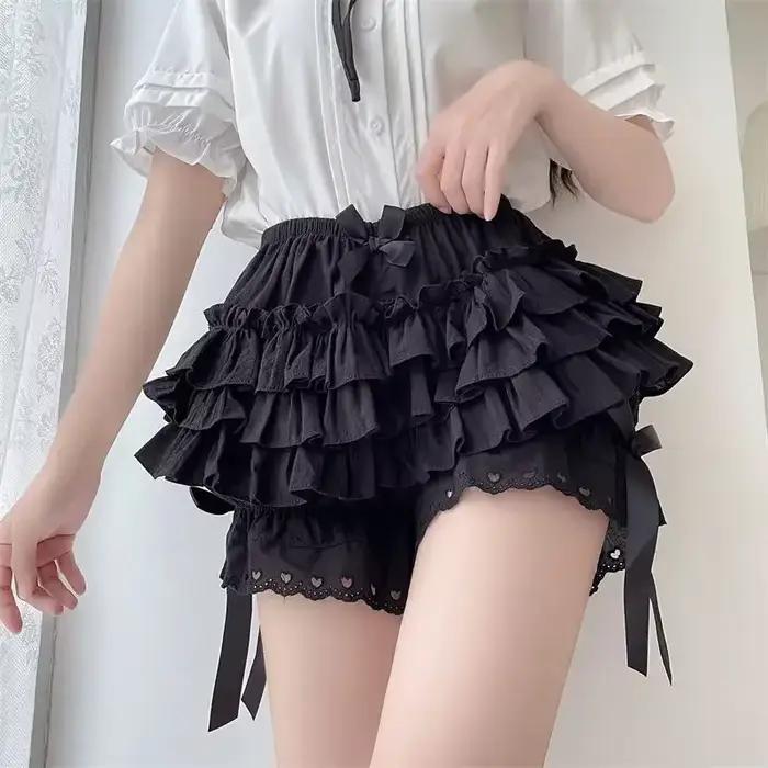 Culotte plissée noire et blanche pour femme, jolie culotte citrouille avec nœud papillon, short de sécurité lolita, pantalon vintage, bloomers victoriens