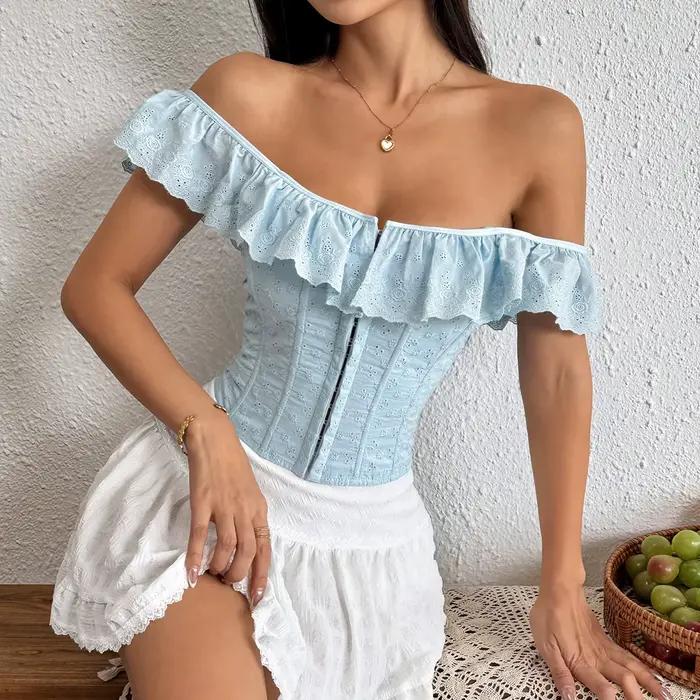 Corset multicolores avec manches courtes à volants, fermeture avant à crochets, décolleté cœur, style cottagecore, bustier ajusté