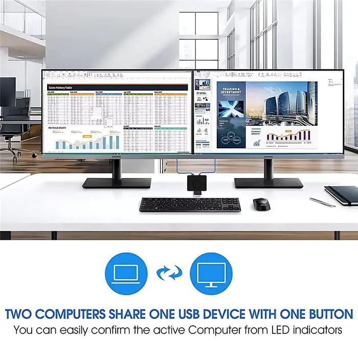 Commutateur KVM USB 3.0 1x2/2x1, hub USB bidirectionnel, commutateur USB 2.0, prolongateur USB 3.0, contrôleur partagé pour clavier, souris et imprimante PC ; commutation en un clic, sans pilote.