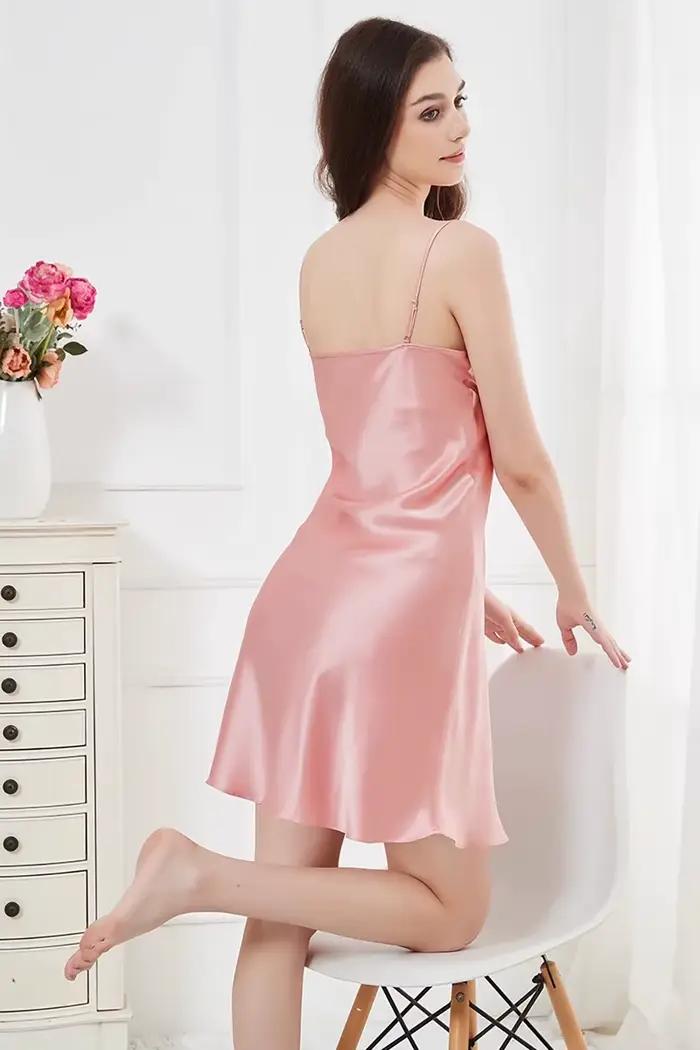Chemise de nuit en soie de mûrier pour femmes, Lingerie 100% réelle, 19 mamans, vêtements de nuit, col en V, bretelles Spaghetti, S-4XL