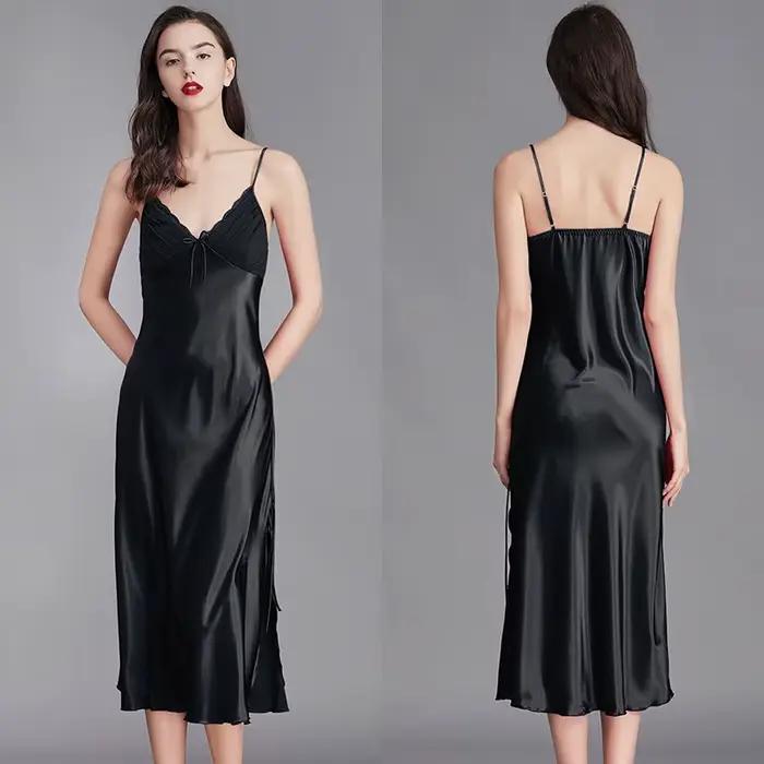 Chemises de nuit pour femmes longues sans manches robes de nuit Satin soie Chemise Lingerie robe Slip vêtements de nuit sexy Chemise de nuit pour dames
