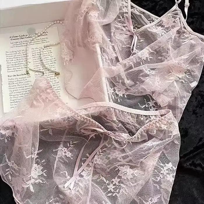 Lingerie transparente pour femmes, sous-vêtements transparents, ensembles de Lingerie Sexy, soutien-gorge et culotte en dentelle, Costumes féminins Sexy