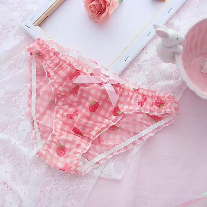 Mignon écolière fraise culotte Sexy maille sous-vêtements respirants japonais Kawaii Lolita Lingerie intime Femme string