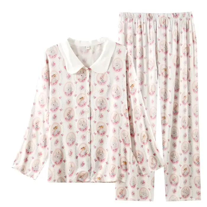 Pyjama en Satin pour femmes, pantalon à manches longues, mignon, frais, haut de gamme, col rabattu, Viscose, imprimé de dessin animé, vêtements de nuit