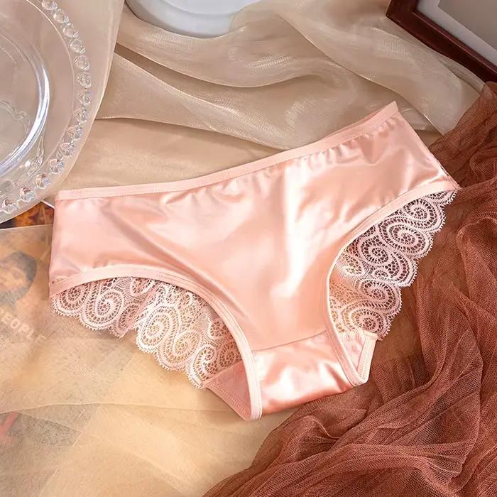 Culotte en Satin Vintage pour femmes, sous-vêtements respirants de couleur unie, Lingerie française Sexy avec nœud en dentelle, taille moyenne, slip en maille fine