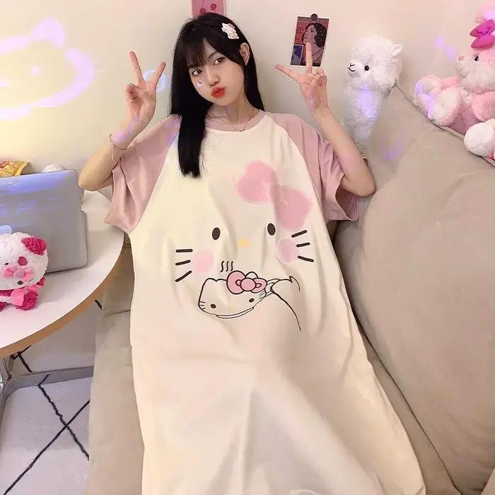 Nouvelle Robe de Nuit Hello Kitty Douce et Mignonne pour Femme, Version Coréenne, Col Rond, Coupe Ample, Tenue d'Intérieur Tendance
