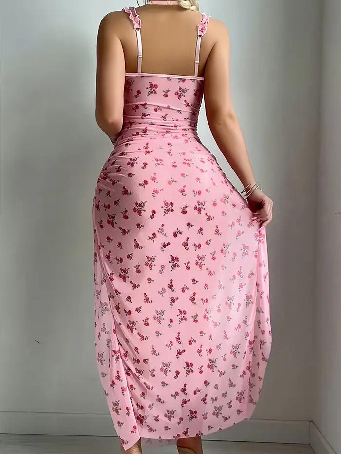 Dvoudílné růžové sexy prádlo pro ženy, dlouhé šaty na Valentýna, tanga