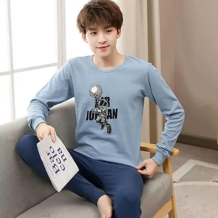 Ensembles de pyjamas pour garçons 8 à 9 10 11 12 13 14 15 16 17 ans coton doux à manches longues ensemble de pyjamas pour adolescents pyjamas d'astronaute bleu