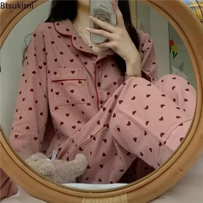 Pyjama doux grande taille pour femme, pantalon à manches longues, vêtements de maison, vêtements de nuit deux pièces, imprimé cœur de pêche, fouet senior, printemps, automne