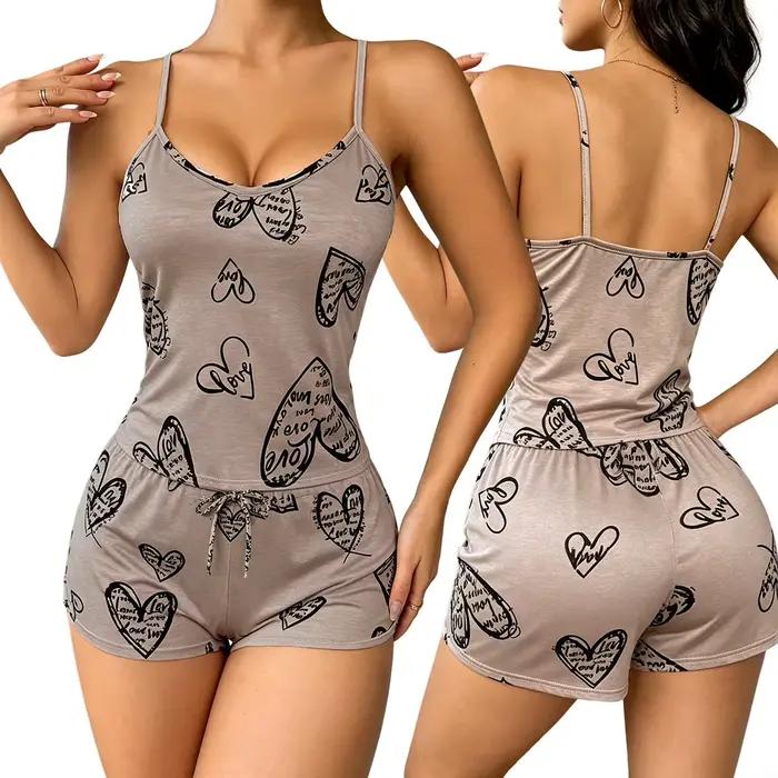 Pyjama Femme 2 Pièces Ensemble Nuisette et Short Imprimé Dessin Animé Débardeur Dos Nu en Soie Lactée Confortable Tenue de Nuit et de Détente