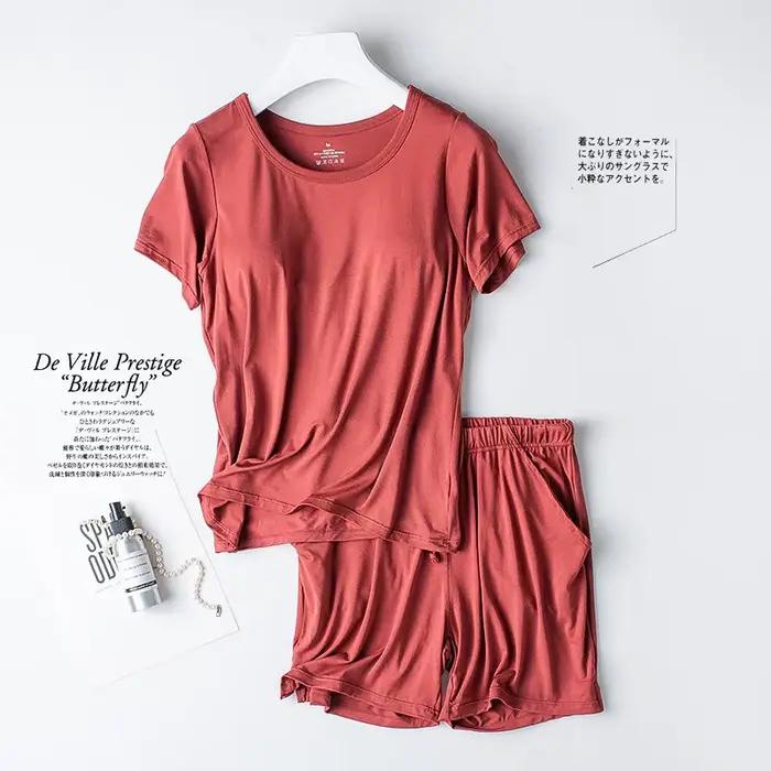 Ensemble de pyjama en coton modal pour femme, coussretours de poitrine, manches courtes, soutien-gorge grande taille, short adt, vêtements de nuit, nouveau