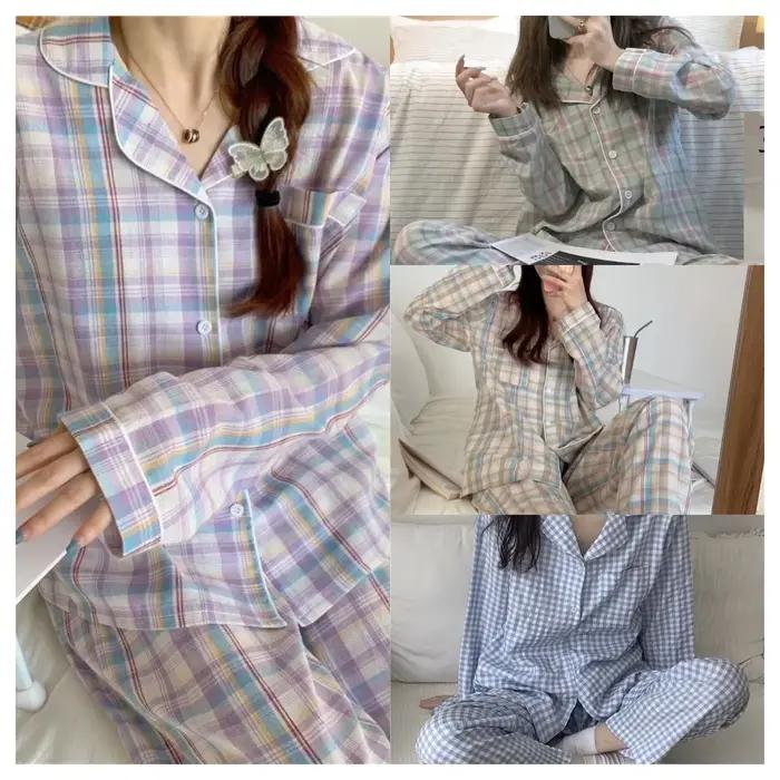 Pyjamas Femme Automne Hiver Douces Vêtements Nuit Homewear Deux Pièces Ensemble Femmes Plaid Décontracté Simples Vêtements Nuit