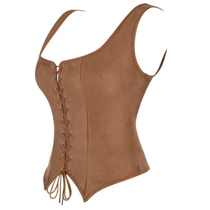 WSHKING Corset médiéval vintage en daim pour femme, gilet de pirate victorien, costume de cosplay Renaissance pour Halloween
