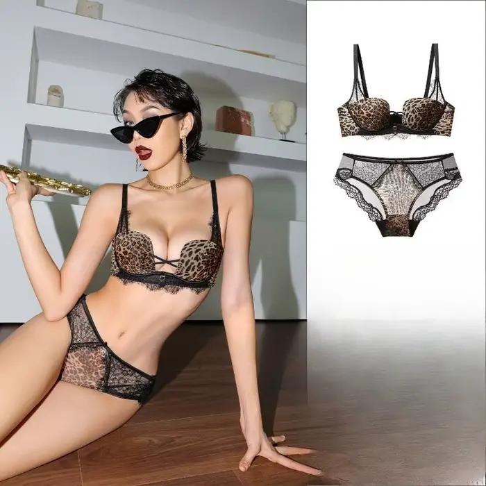 Ensemble soutien-gorge léopard tendance, effet push-up, soutien et maintien, dentelle douce, style français, pour femmes, usage quotidien décontracté à la maison, toutes saisons, tailles S-XL