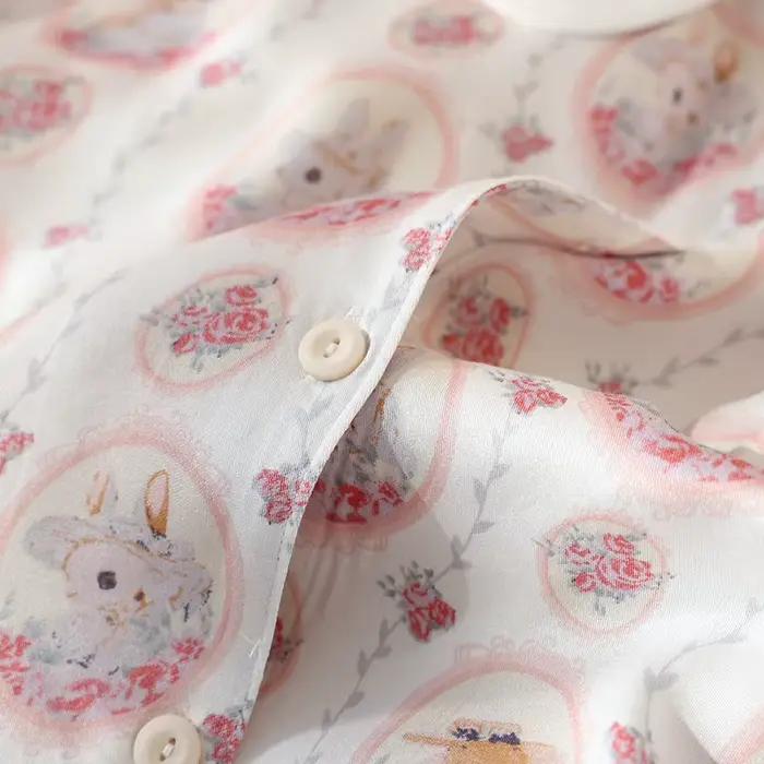 Pyjama en Satin pour femmes, pantalon à manches longues, mignon, frais, haut de gamme, col rabattu, Viscose, imprimé de dessin animé, vêtements de nuit