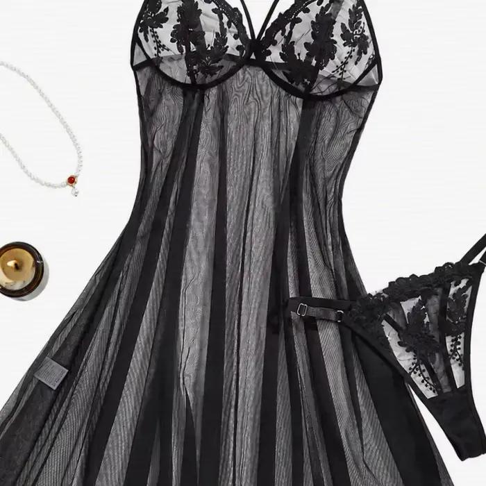 Chemise de nuit élégante et confortable pour femme, style campagnard, rouge bordeaux, broderie épis de blé, semi-transparente, avec nœud ZA825066