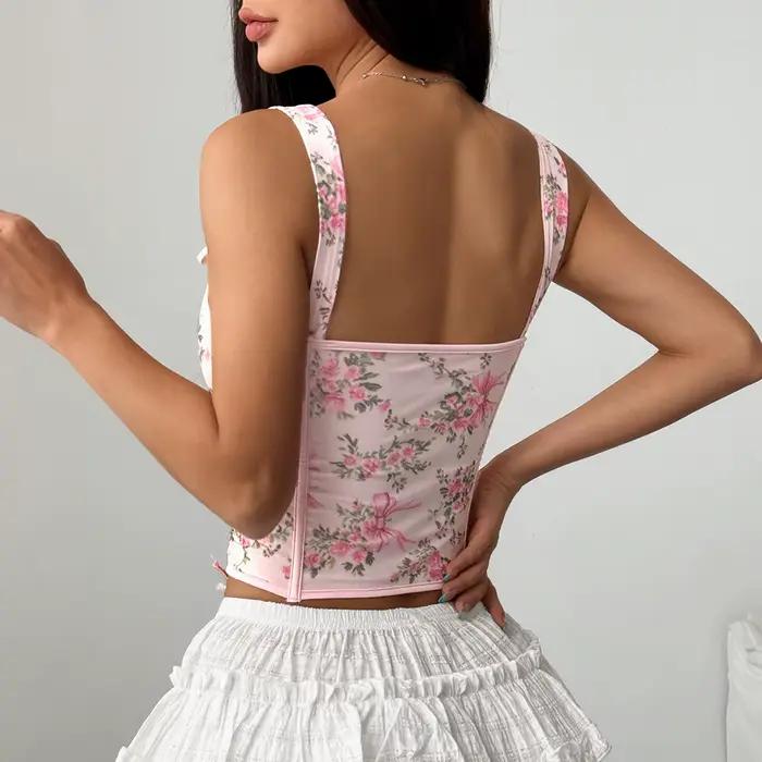 Corset Fleuri Impression Elégante Lacets Frontaux Bustier Gilet Mode Femmes Occasions Spéciales
