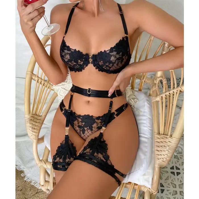 Ensemble de Lingerie brodée en dentelle florale pour femmes, soutien-gorge et culotte transparents, sous-vêtements Sexy, intimes, costume porno érotique