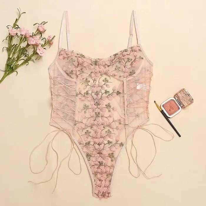 Body transparent moulant en dentelle brodée florale pour femme, lingerie sexy à lacets, sans manches, sous-vêtements érotiques