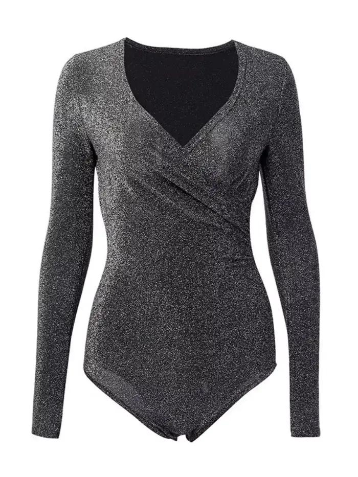 Body une pièce à manches longues et col en v, couleur unie, Lingerie en soie brillante, hauts Sexy pour femmes, tenue Rave, vêtements moulants Y2k