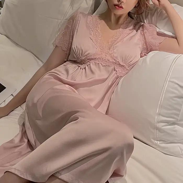 Robe de nuit d'été en Satin pour femmes, vêtements de nuit avec soutiens-gorge, longue chemise de nuit en dentelle, manches courtes, ample, Lingerie intime