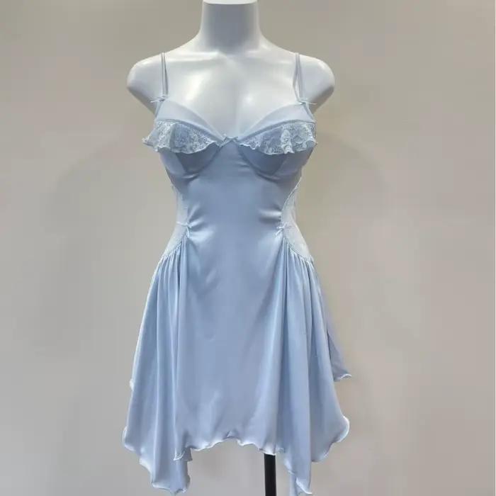 Chemise de nuit française Sexy en soie glacée, pyjama pur pour femmes, maille et dentelle avec coussinet de poitrine, bretelles, vêtements de détente, 2025