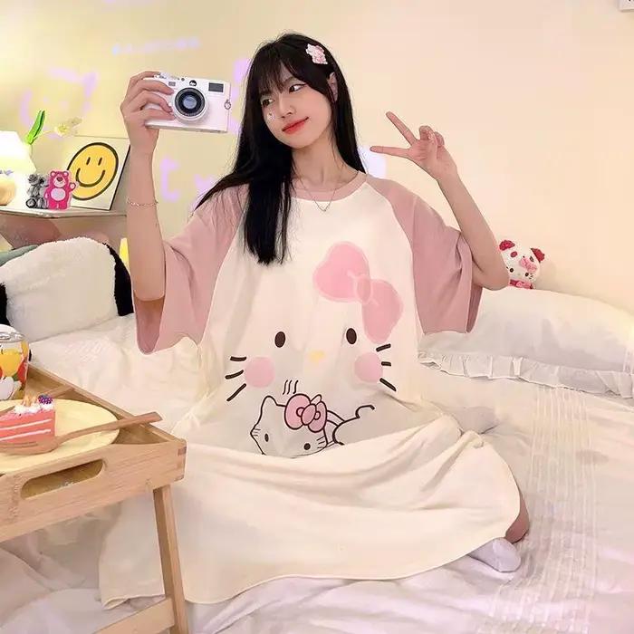 Nouvelle Robe de Nuit Hello Kitty Douce et Mignonne pour Femme, Version Coréenne, Col Rond, Coupe Ample, Tenue d'Intérieur Tendance
