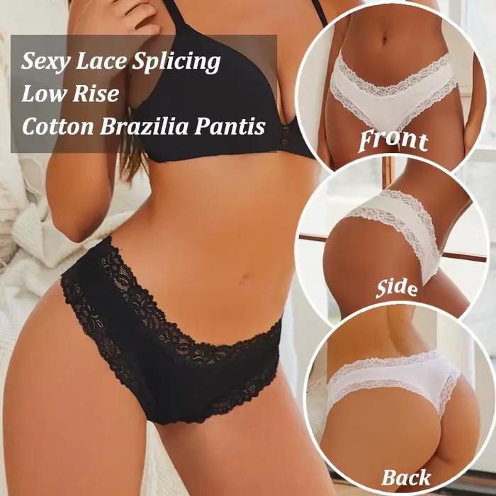 Culotte brésilienne sexy en dentelle pour femmes, lingerie en coton doux, taille basse, solide, sous-vêtements respirants