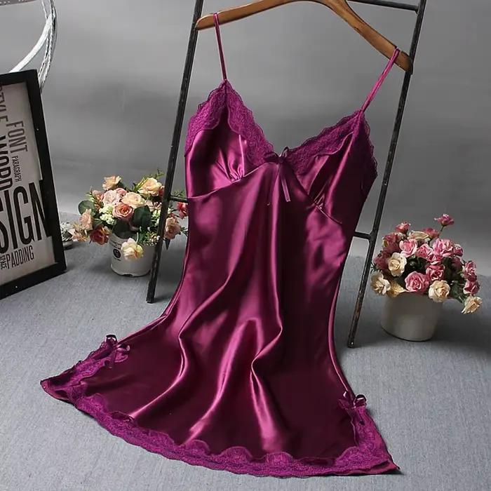 Mignon dentelle Camisola Patchwork femmes chemises de nuit robe en soie nœuds papillon Lingerie nuisette femmes