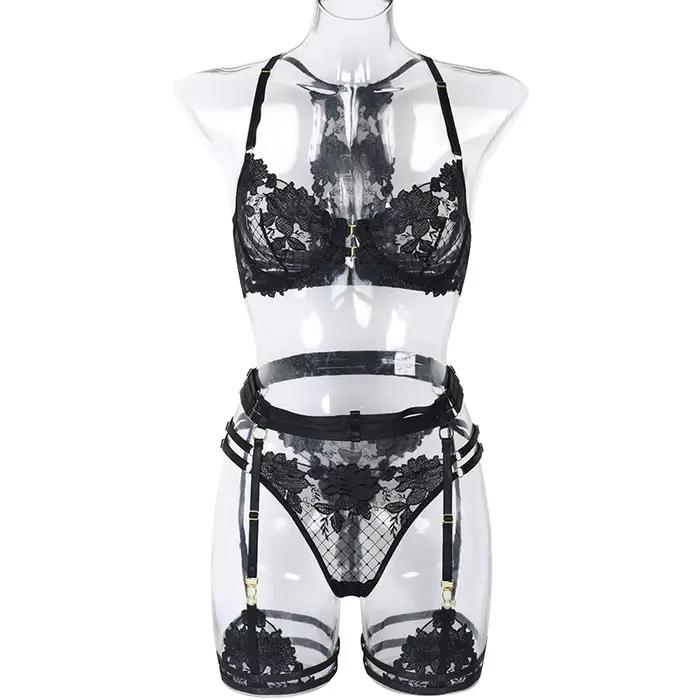 Ensemble de Lingerie brodée en dentelle florale pour femmes, soutien-gorge et culotte transparents, sous-vêtements Sexy, intimes, costume porno érotique