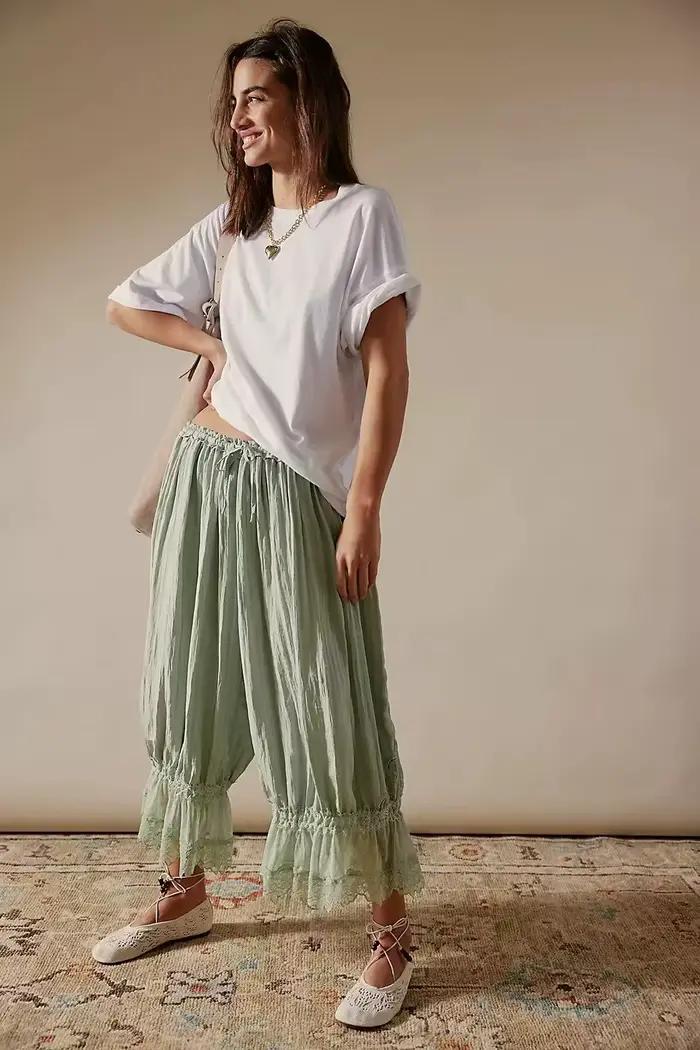 Pantalon Bloomers pour Femme Y2K avec Dentelle, Pantalon Vintage à Volants Mignon, Pantalon Long Coupe Citrouille, Bas de Pyjama Capri, Tenue Décontractée Streetwear
