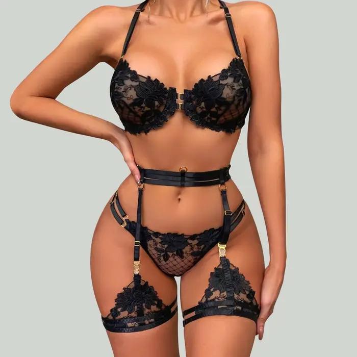 Ensemble de Lingerie brodée en dentelle florale pour femmes, soutien-gorge et culotte transparents, sous-vêtements Sexy, intimes, costume porno érotique