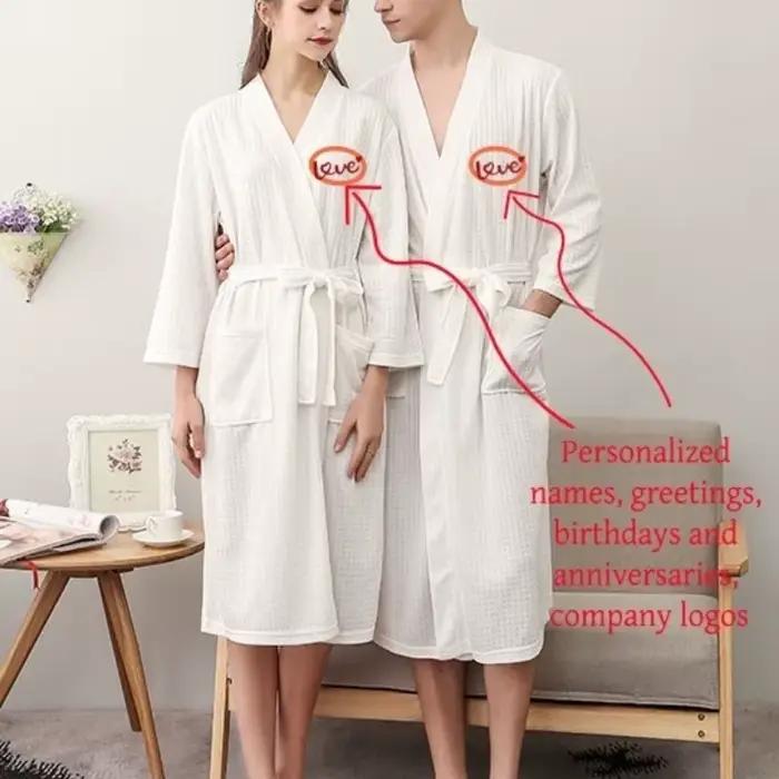 Peignoir de couple personnalisé brodé avec noms et logo, vêtements d'intérieur, peignoir en tissu gaufré pour couples, robe de spa pour hommes et femmes
