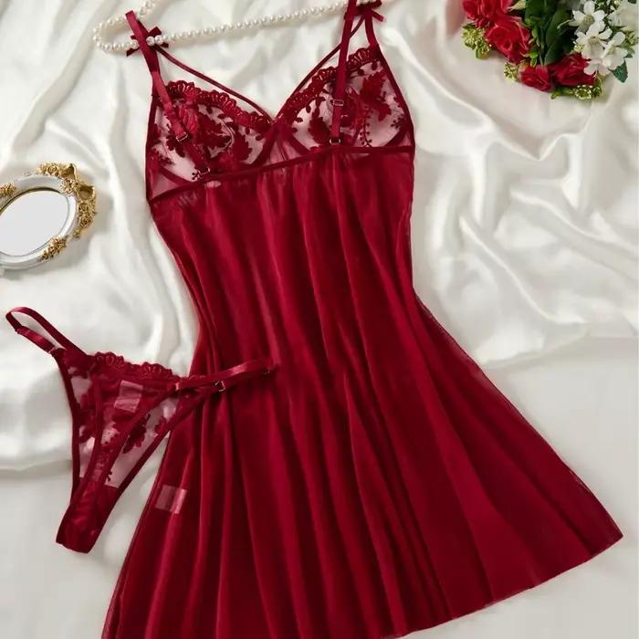 Chemise de nuit élégante et confortable pour femme, style campagnard, rouge bordeaux, broderie épis de blé, semi-transparente, avec nœud ZA825066