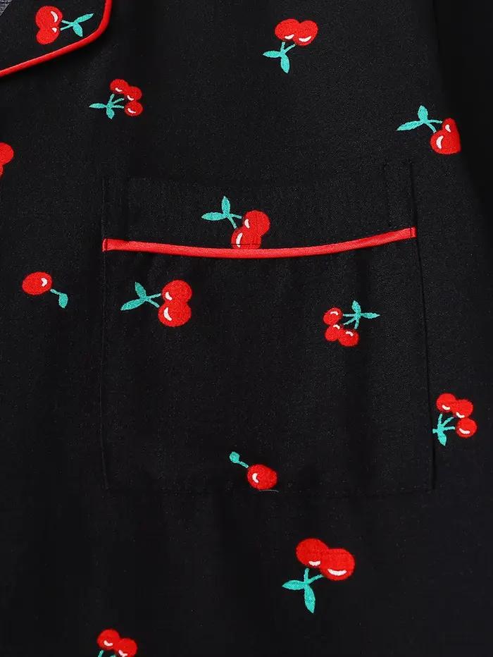 Pyjama femme, col tailleur, manches courtes, short et pantalon, ensemble 3 pièces, printemps été automne, imprimé cerise mignon, vêtements de maison
