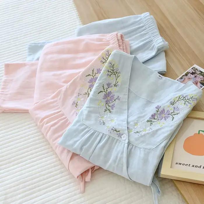 Pyjama en coton féminin col en V taille M L XL imprimé rose bleu pour femmes nuits chaudes printemps