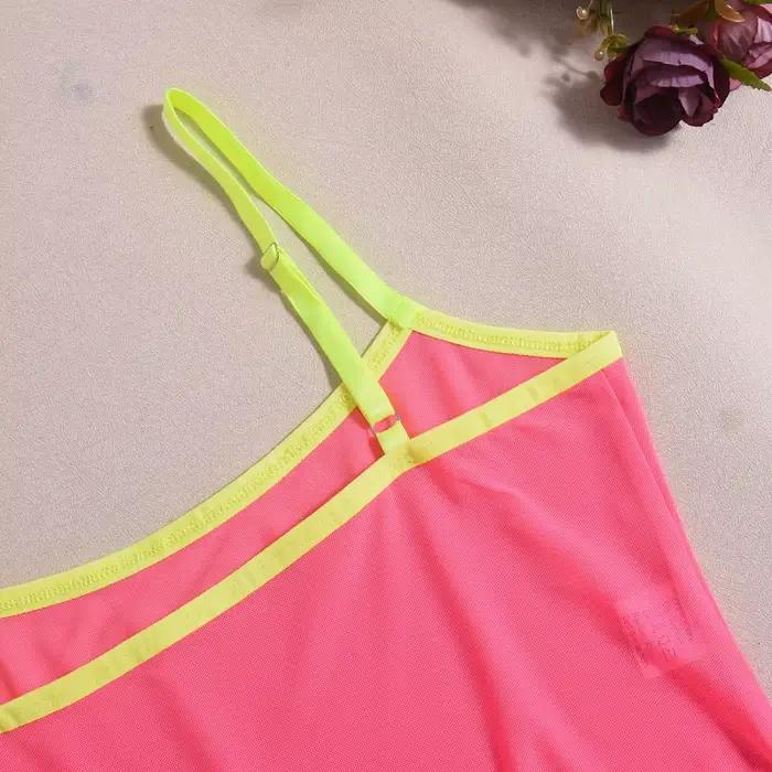Lingerie sexy pour femme, body en maille transparente rose fluo, amincissant, bretelles spaghetti, lingerie une pièce, combinaison sans manches