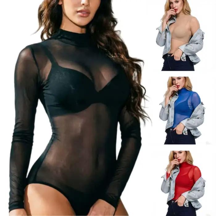 FREEAUCE NOUVEAU Body en maille transparente noire à manches longues pour femme, T-shirts, Lingerie sexy grande taille S-XXXL