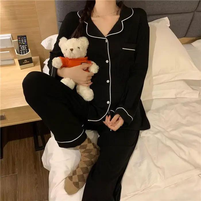 Ensemble de pyjama noir à manches longues pour femmes, dentelle, mignon, doux, confortable, pantalon, version coréenne, automne, hiver
