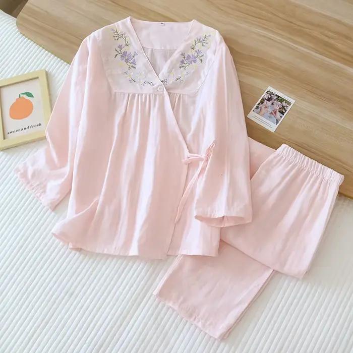 Pyjama en coton féminin col en V taille M L XL imprimé rose bleu pour femmes nuits chaudes printemps
