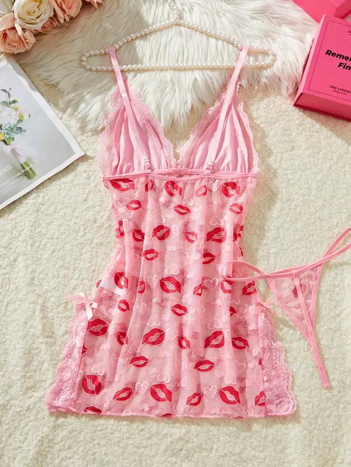 Chemise de nuit rose à imprimé lèvres pour femmes, élégante et confortable, lingerie de nuit avec nœud