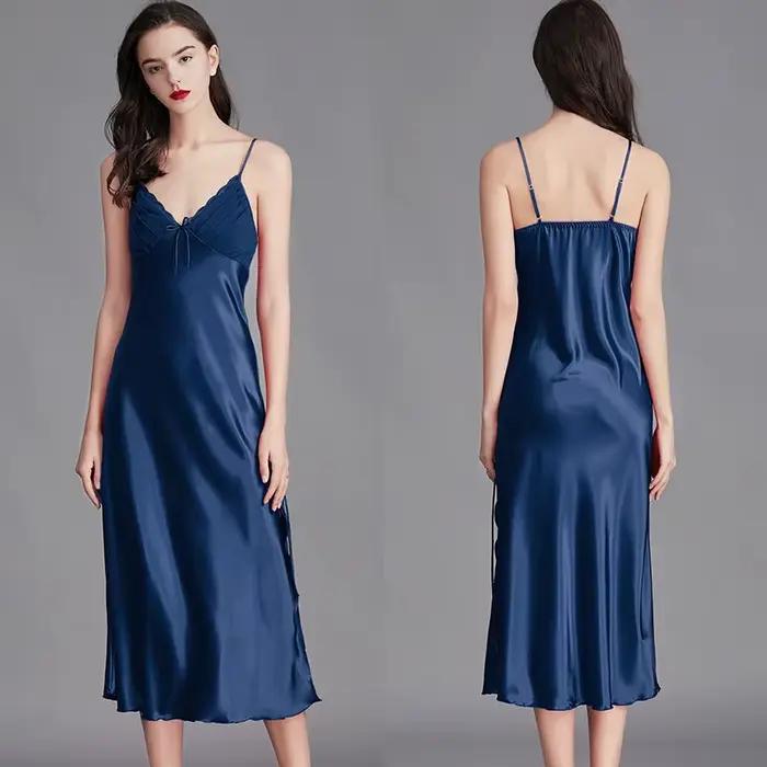 Chemises de nuit pour femmes longues sans manches robes de nuit Satin soie Chemise Lingerie robe Slip vêtements de nuit sexy Chemise de nuit pour dames