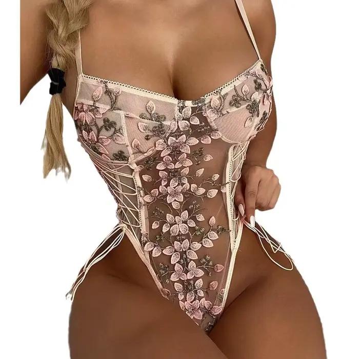 Body transparent moulant en dentelle brodée florale pour femme, lingerie sexy à lacets, sans manches, sous-vêtements érotiques