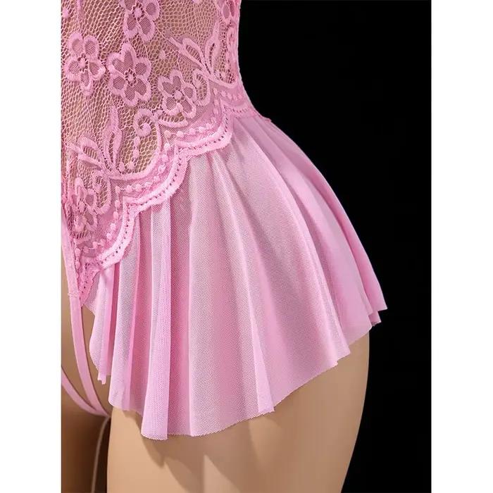 Lingerie Ultra Sexy audacieuse pour femmes, soutien-gorge à col en v, body rose, accessoires sans entrejambe, sous-vêtements sensuels, robe moulante romantique