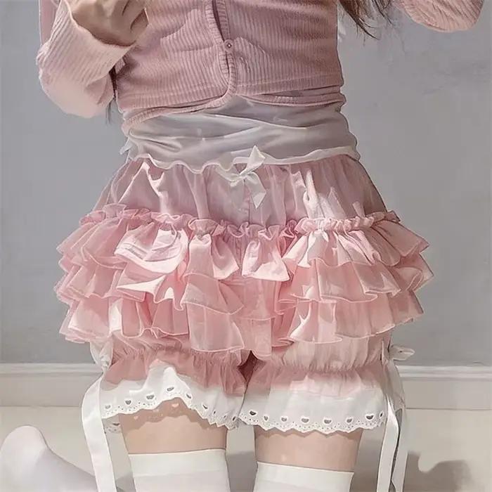 Culottes plissées noires et blanches pour femme, culottes mignonnes style citrouille, short de sécurité lolita à nœud, pantalon vintage, bloomers victoriens