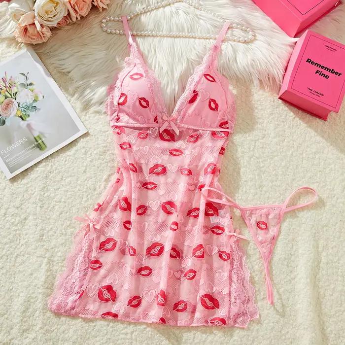 Chemise de nuit rose à imprimé lèvres pour femmes, élégante et confortable, lingerie de nuit avec nœud